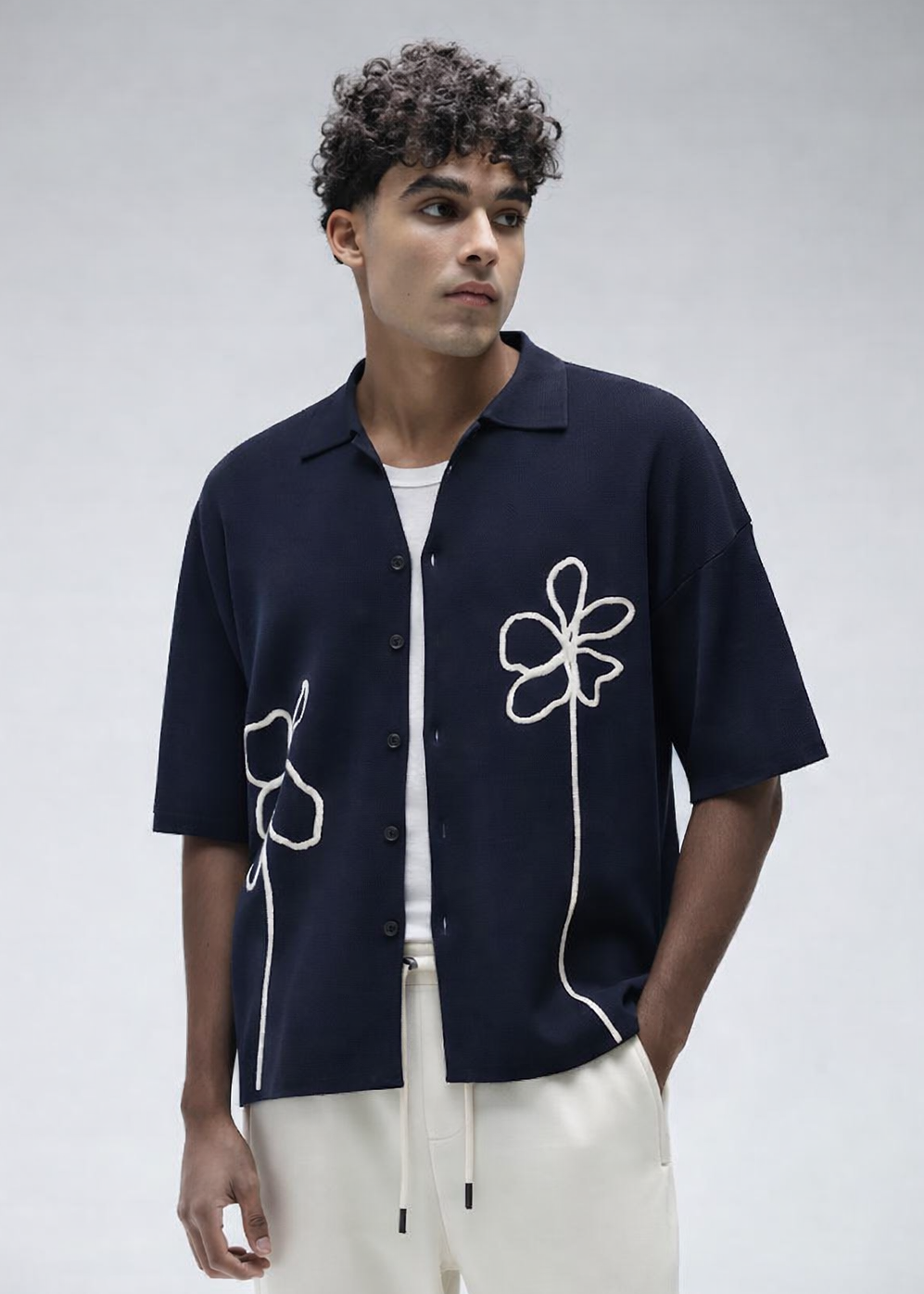 Navy Urban Bloom Embroidered Shirt