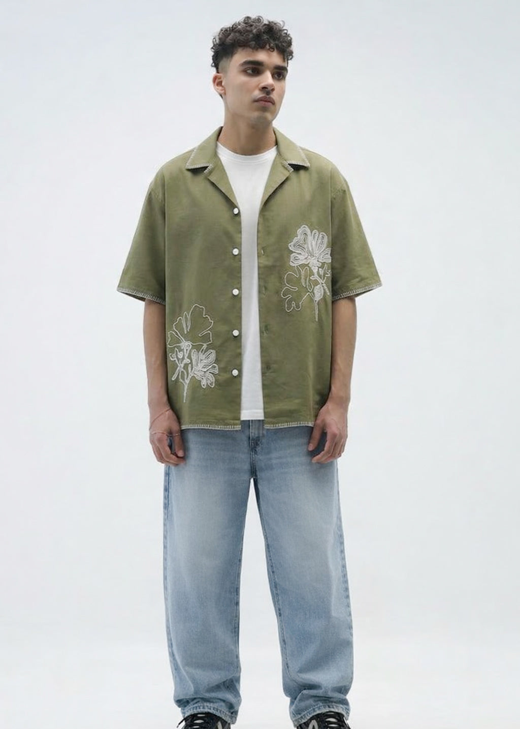 Olive Bloom Embroidery Shirt