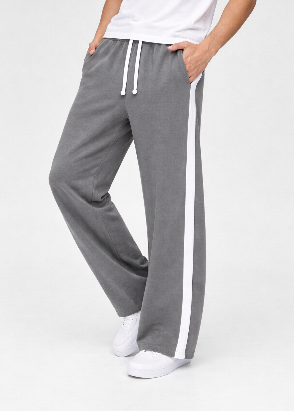 Grey Side Stripe Wide Leg Trouser