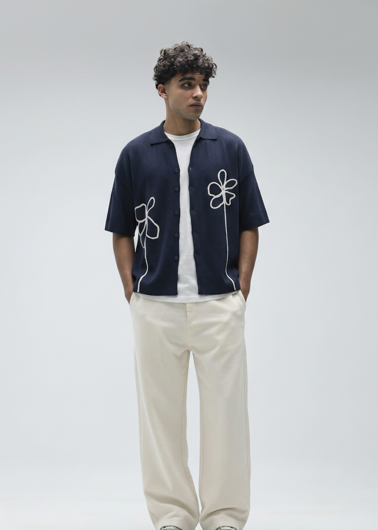 Navy Urban Bloom Embroidered Shirt