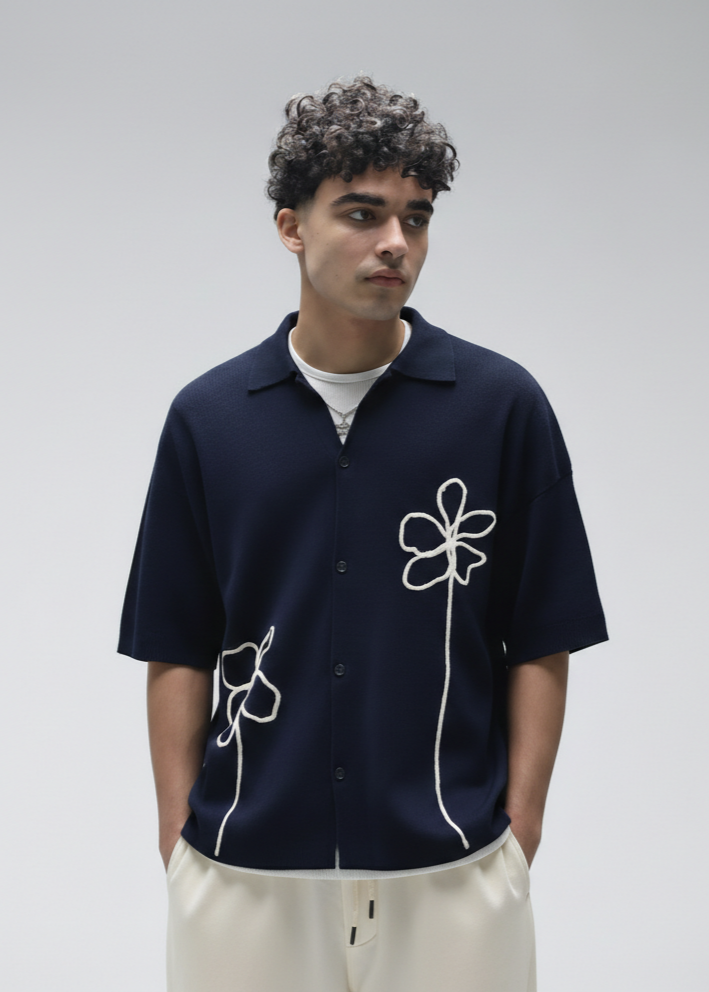 Navy Urban Bloom Embroidered Shirt