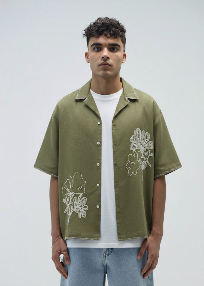 Olive Bloom Embroidery Shirt