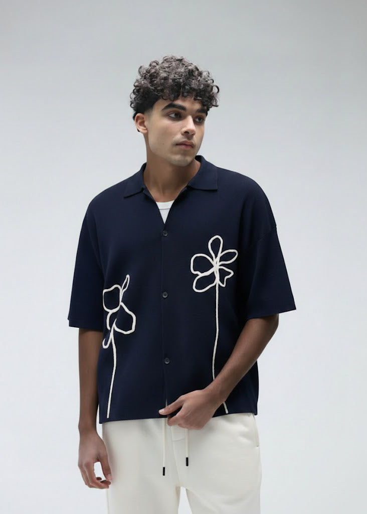 Navy Urban Bloom Embroidered Shirt