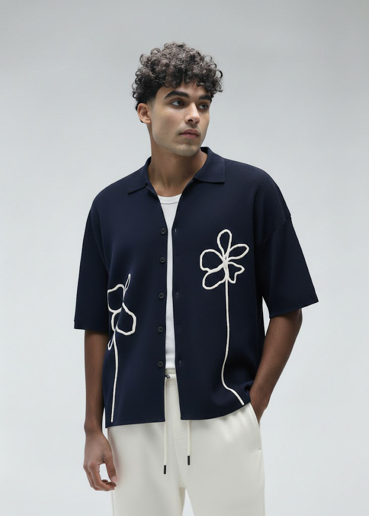 Navy Urban Bloom Embroidered Shirt