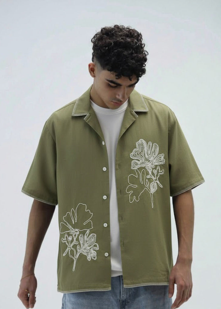 Olive Bloom Embroidery Shirt