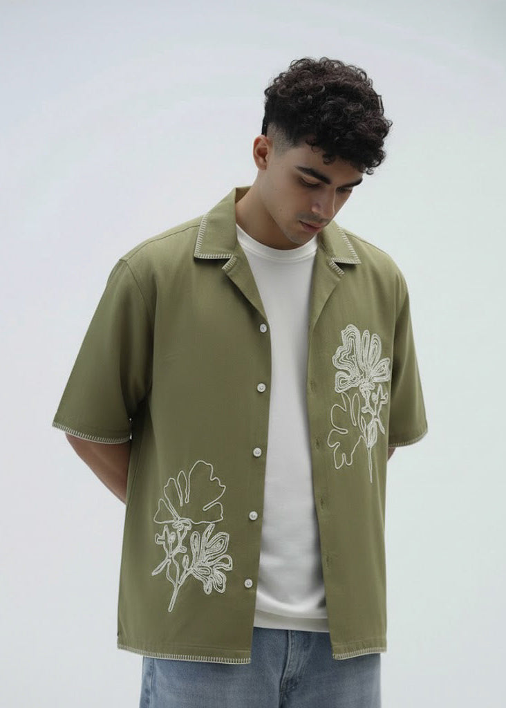 Olive Bloom Embroidery Shirt